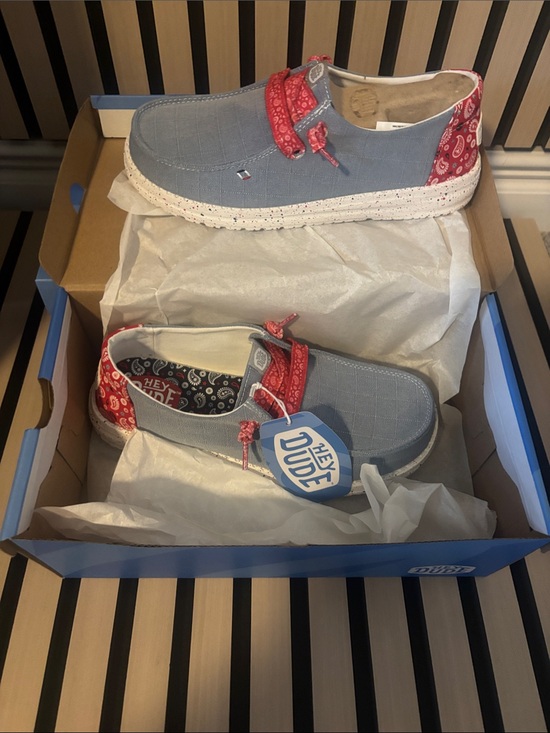Hey Dude Shoes - Hey Dude Light Blue Slip-On Sneakers with Red Bandana Accents